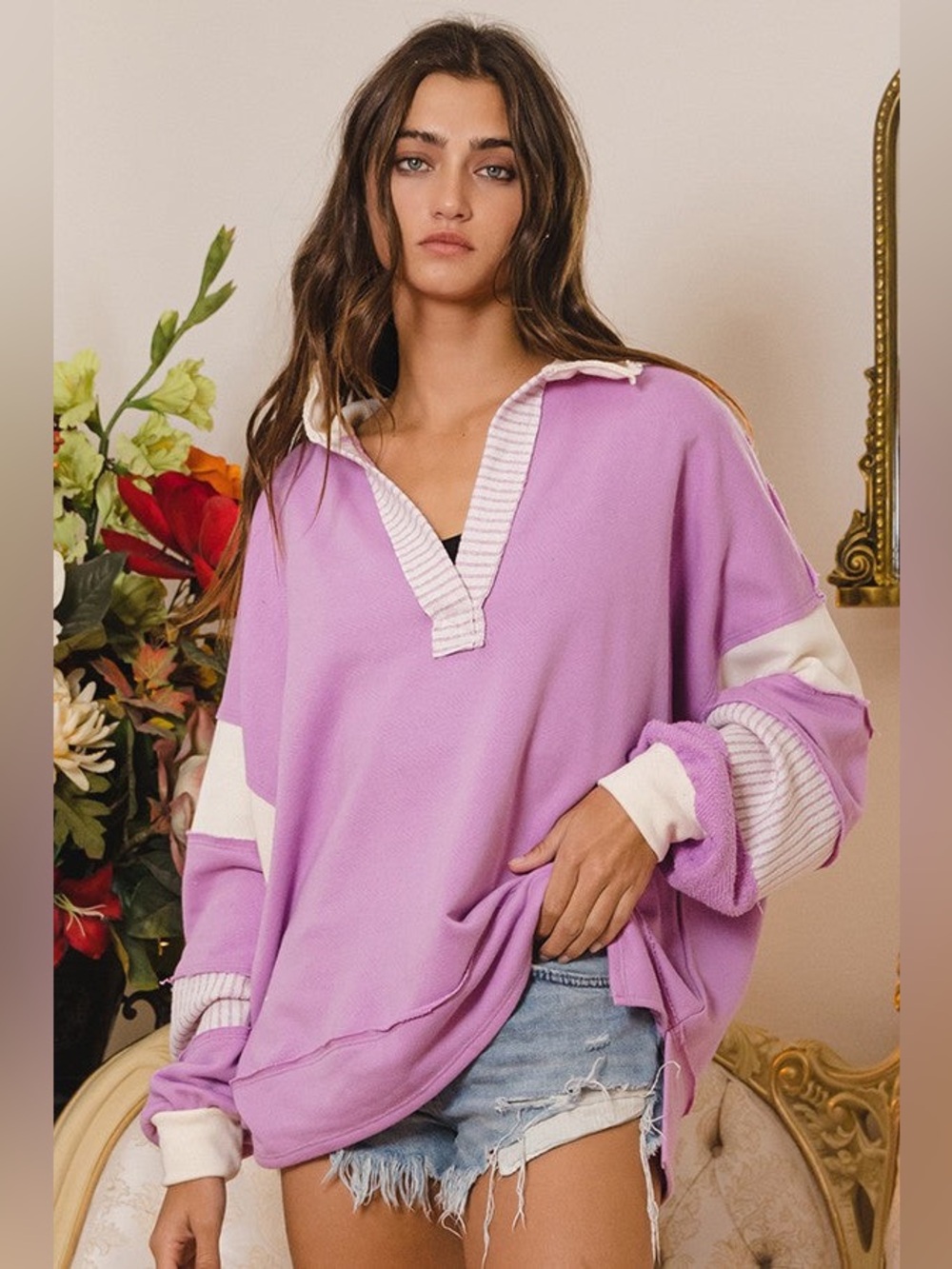 Bucketlist Lavender/Lilac Collared Oversized Pullover Colorblock Boho Size Small